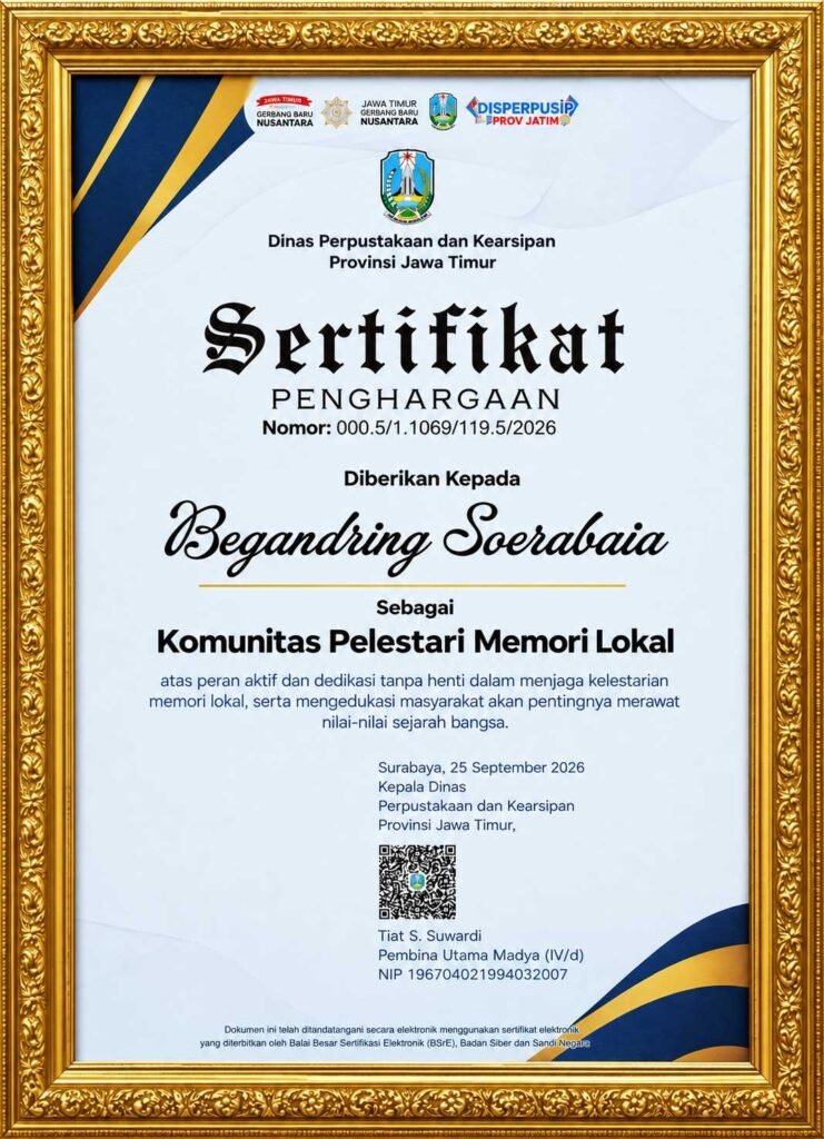 Sertifikat Penghargaan dari Dinas Perpustakaan dan Kearsipan Provinsi Jawa Timur